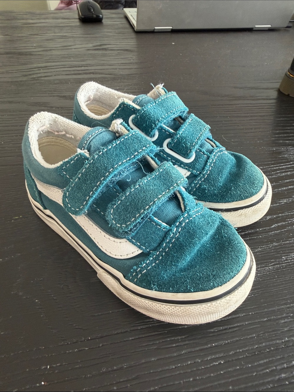 Vans Teal Velcro Kids Sneakers with White Side Stripe